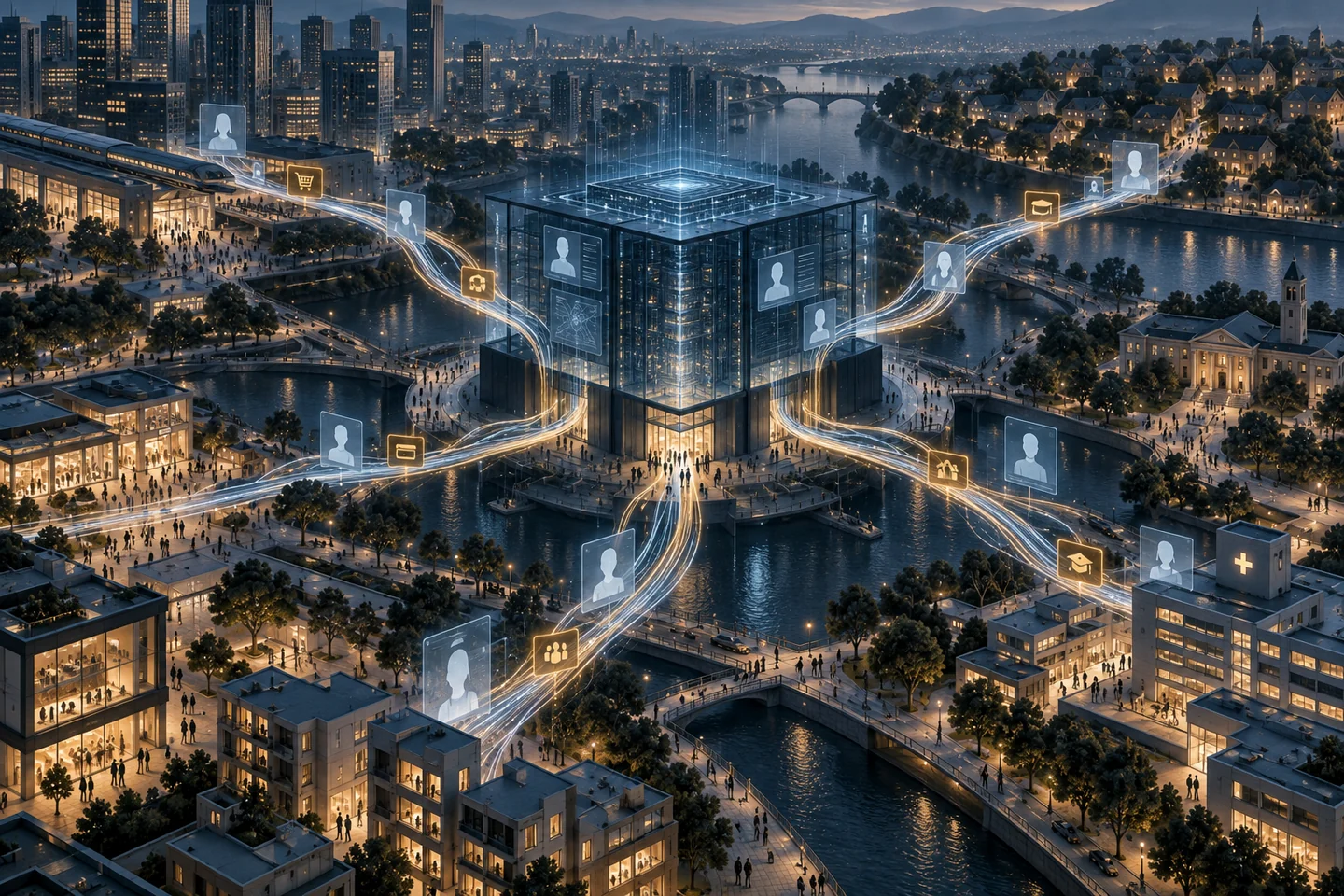 Ilustración conceptual de una ciudad cuyos datos de identidad y servicios convergen en una infraestructura central de inteligencia artificial.