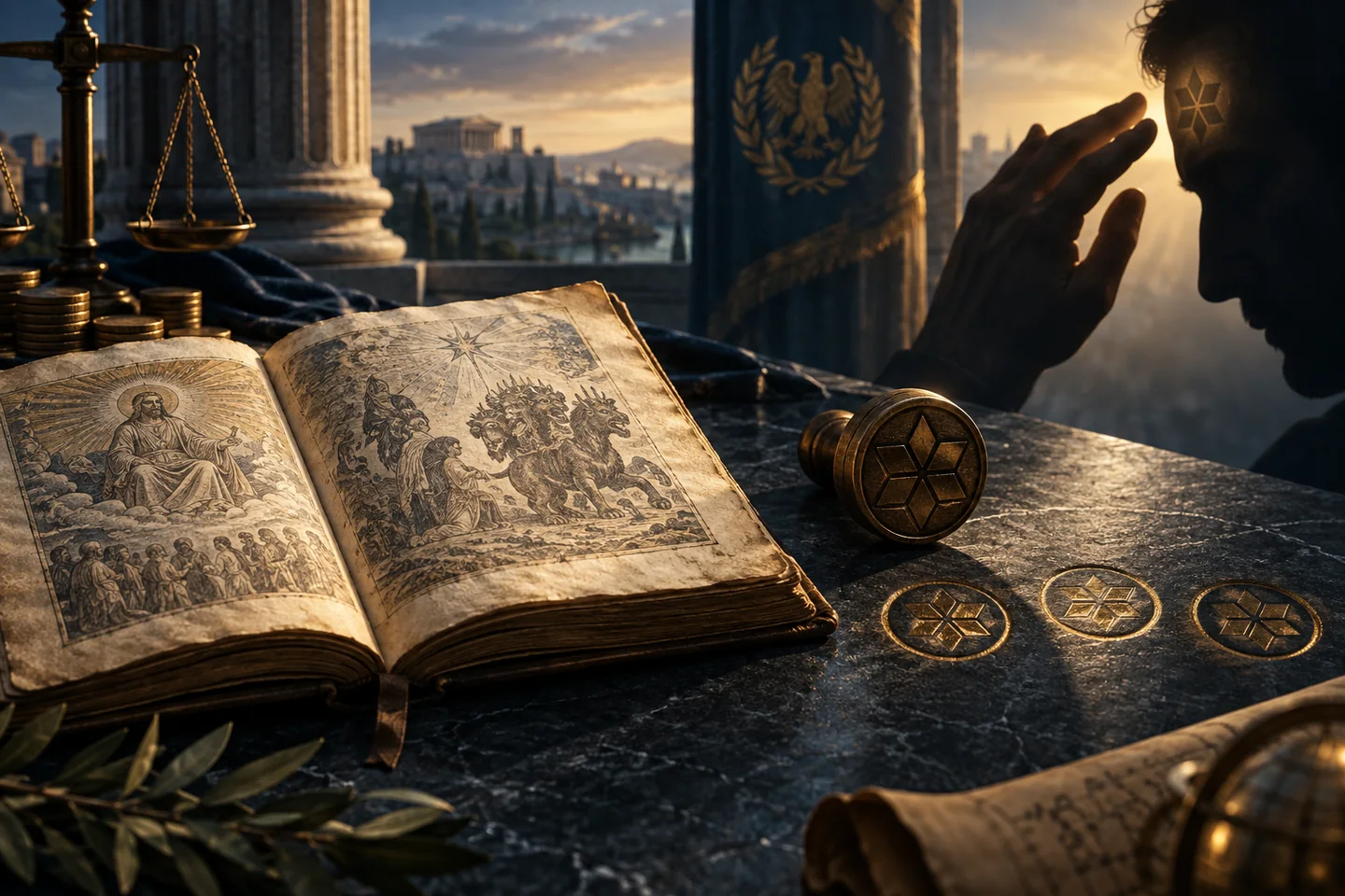 Manuscrito de Apocalipsis junto a un sello imperial y símbolos de lealtad, autoridad y comercio.