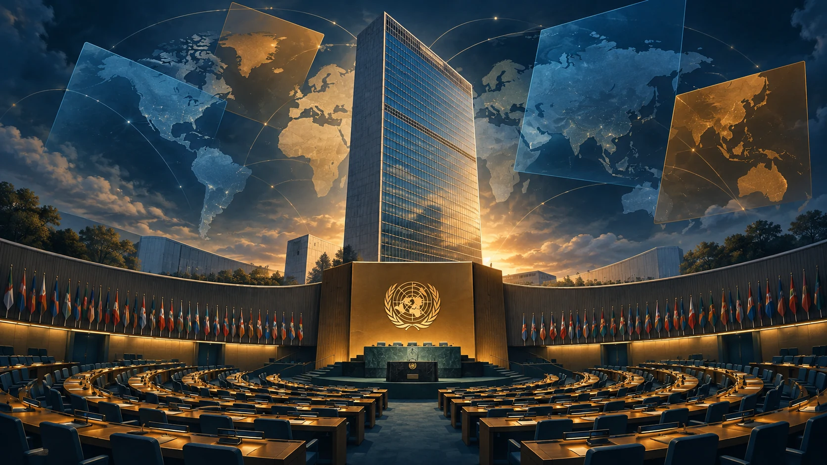 Ilustración conceptual de la sede de la ONU, una asamblea diplomática y mapas que representan un orden mundial en transformación.