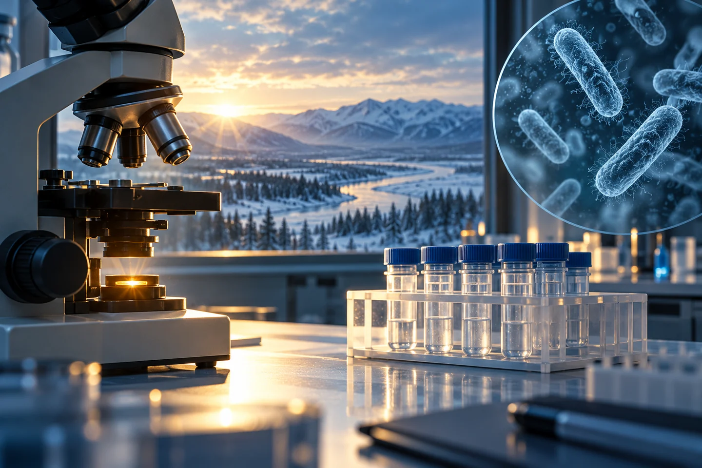 Ilustración conceptual de un laboratorio con microscopio y muestras selladas, bacterias representadas y luz de amanecer sobre un paisaje siberiano.