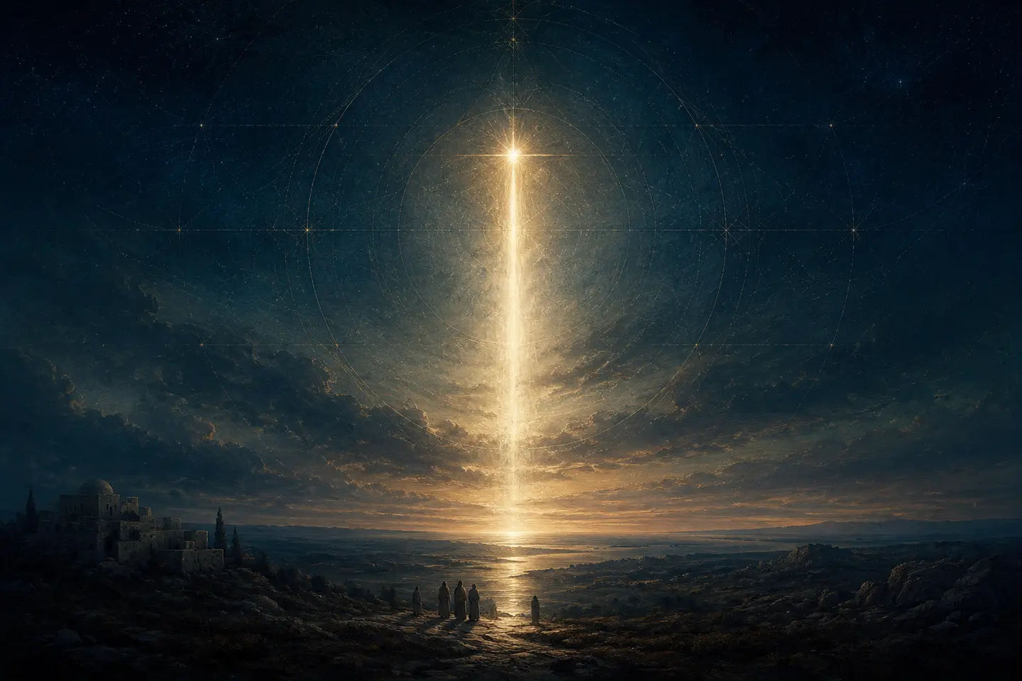 Paisaje antiguo al amanecer bajo una abertura vertical de luz en el cielo