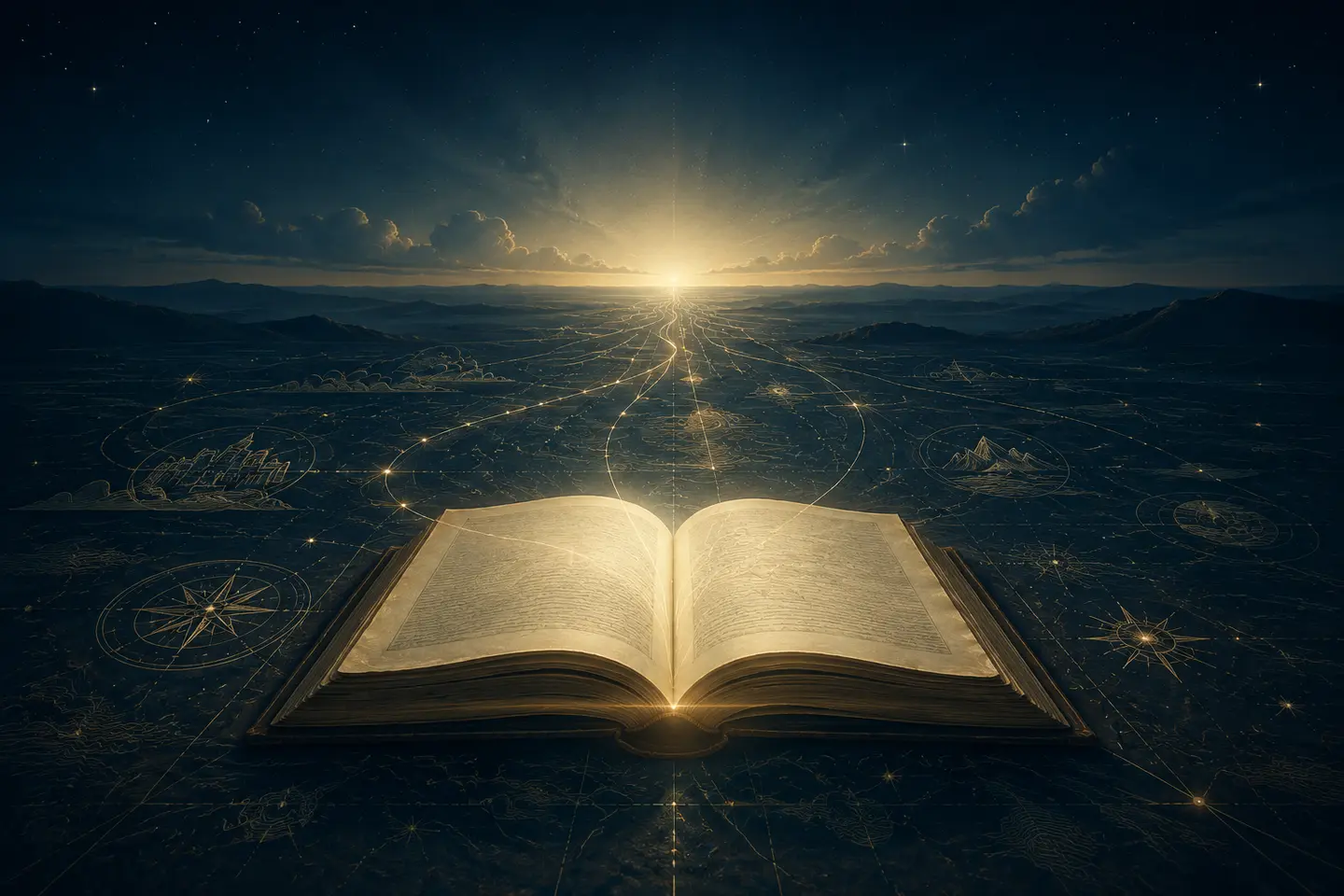 Biblia abierta desde la que nacen caminos de estudio hacia un horizonte iluminado