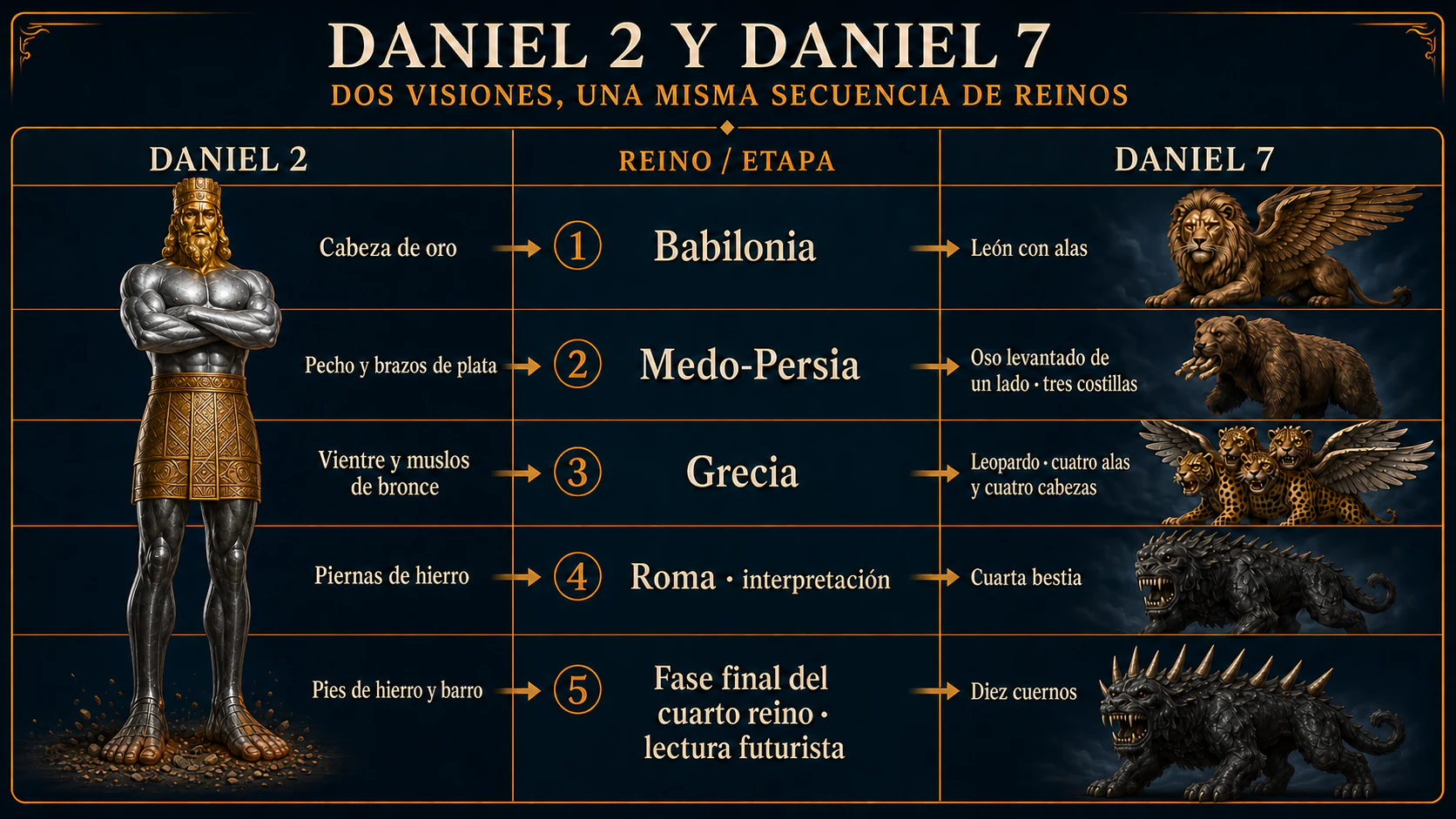 Comparación entre los metales de la estatua de Daniel 2 y las cuatro bestias de Daniel 7, incluida la fase final de la cuarta bestia con diez cuernos