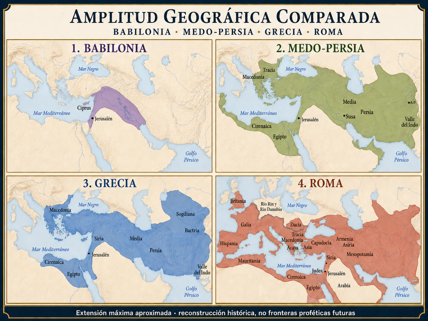 Mapa comparativo de la extensión máxima aproximada de Babilonia, Medo-Persia, Grecia y Roma