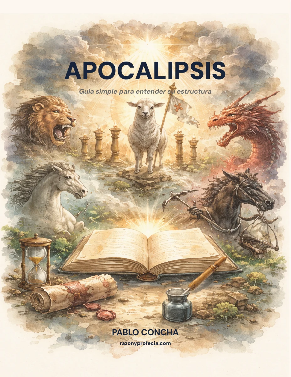 Portada de Apocalipsis, guía de Pablo Concha: el Cordero en el centro y escenas del libro.
